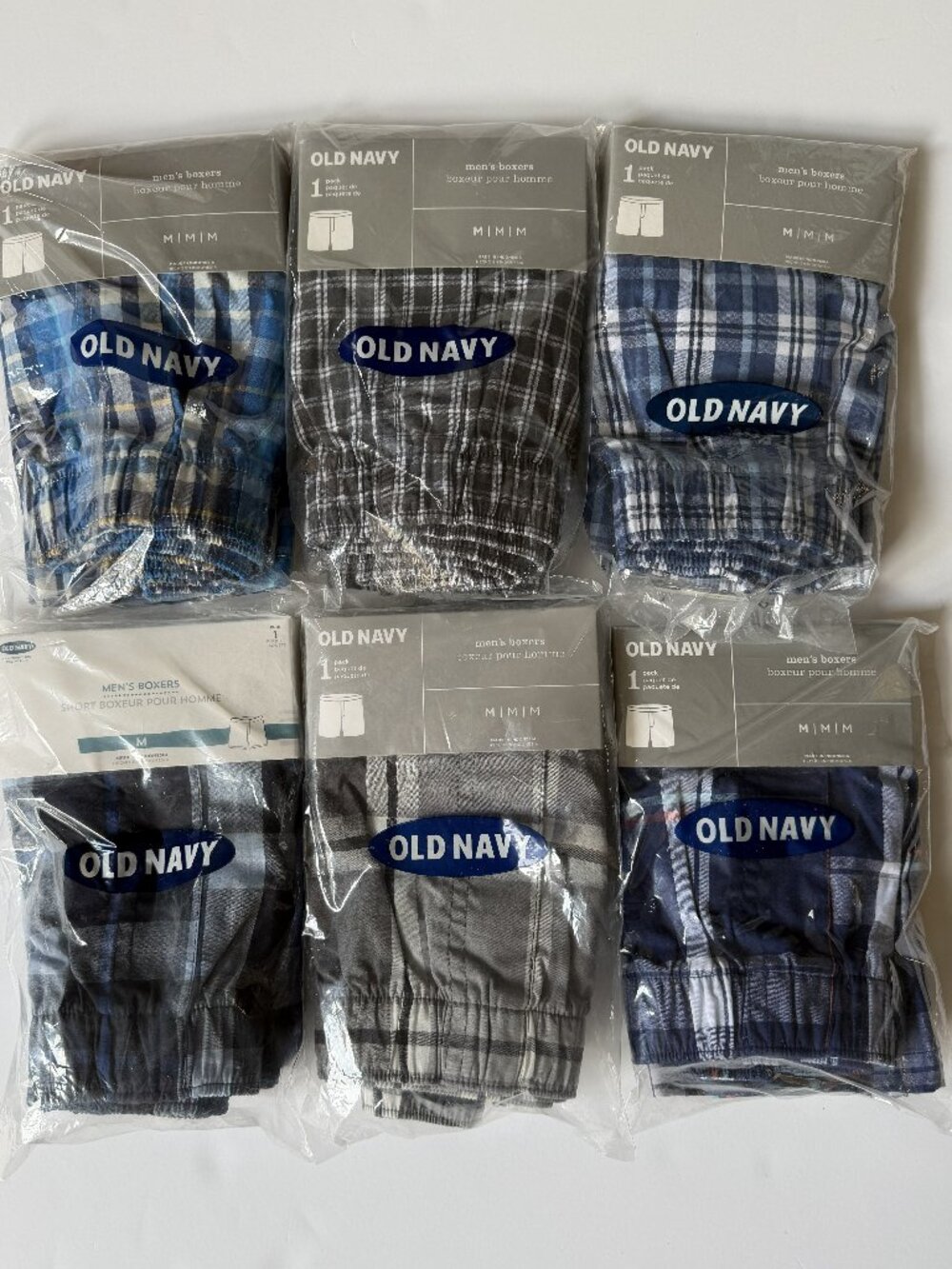 OLD NAVY Bundle 6-Piece Men's M Boxers 100% COTTON Woven Blue & Grey Plaids NEW